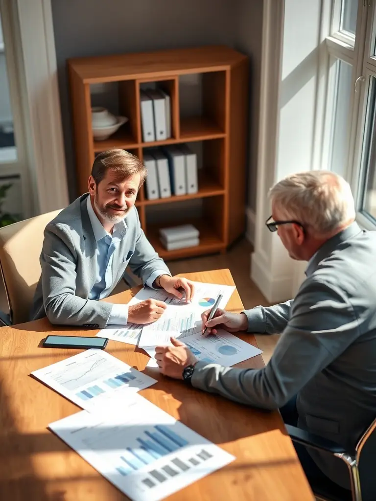 A coach mentoring a business owner, reviewing financial reports and discussing growth strategies in a collaborative environment.