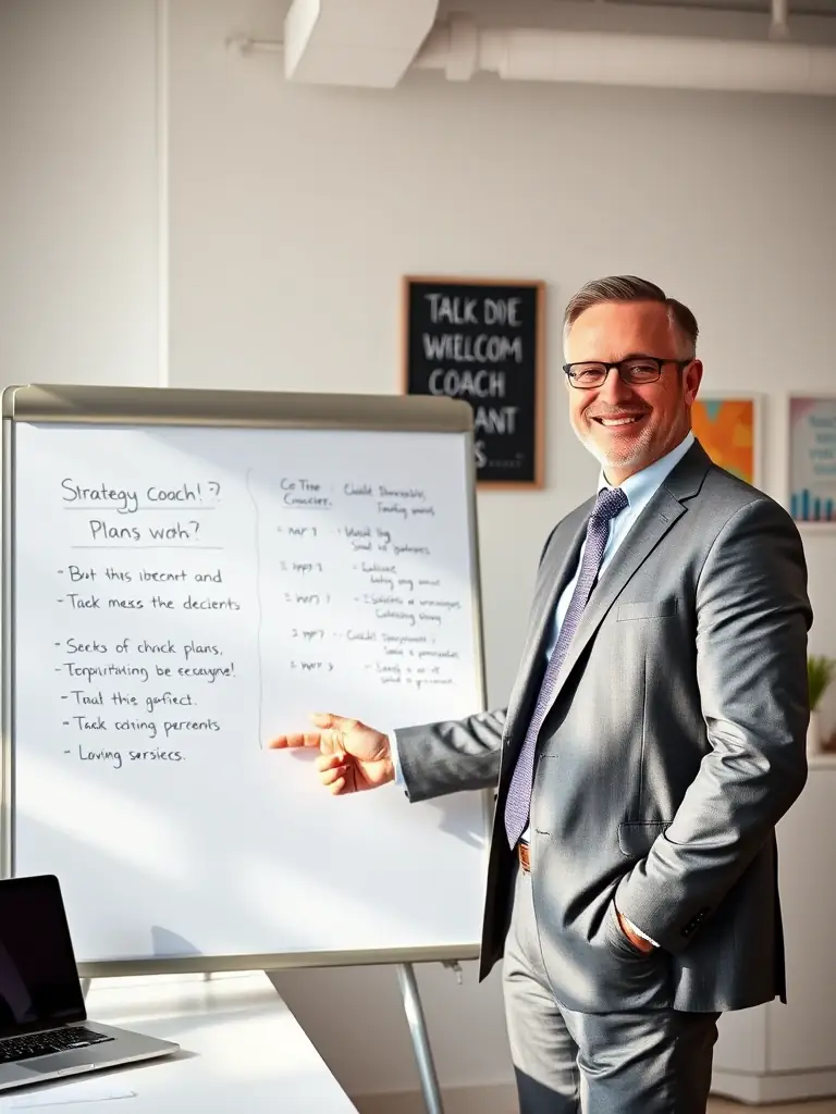 A professional business coach in a suit, smiling confidently while gesturing towards a whiteboard filled with strategic planning notes during a coaching session.