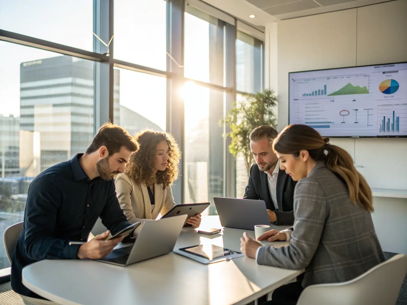 A diverse team collaborating in a modern office, brainstorming and strategizing, symbolizing the collaborative and innovative approach of secrecykit.uno's consulting services.