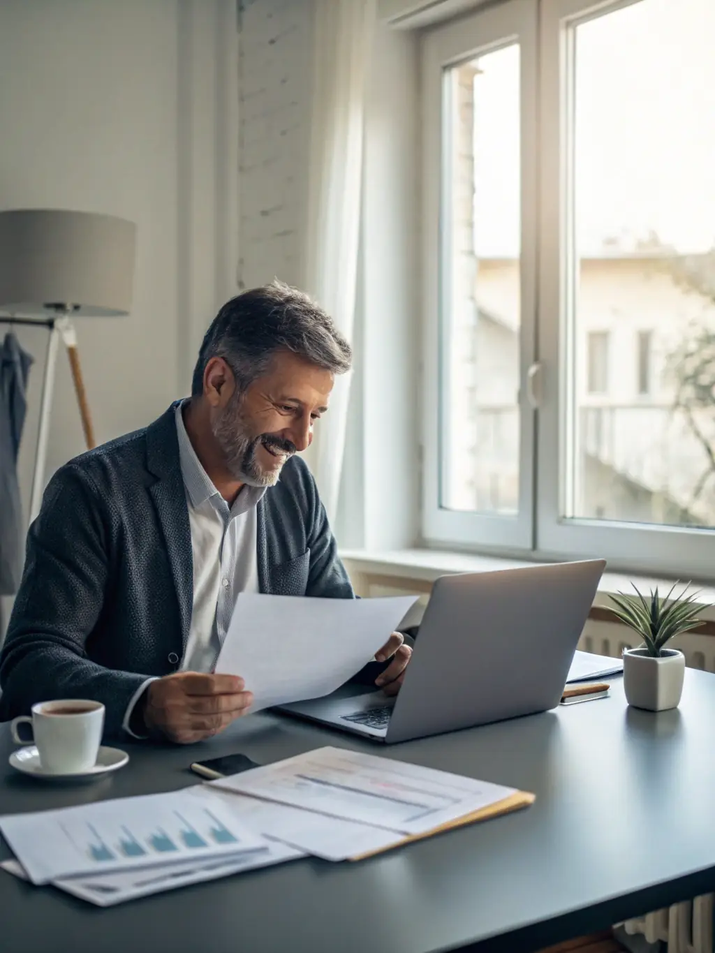 A business owner looking stressed and overwhelmed, then transitioning to a confident and relaxed expression after a coaching session.