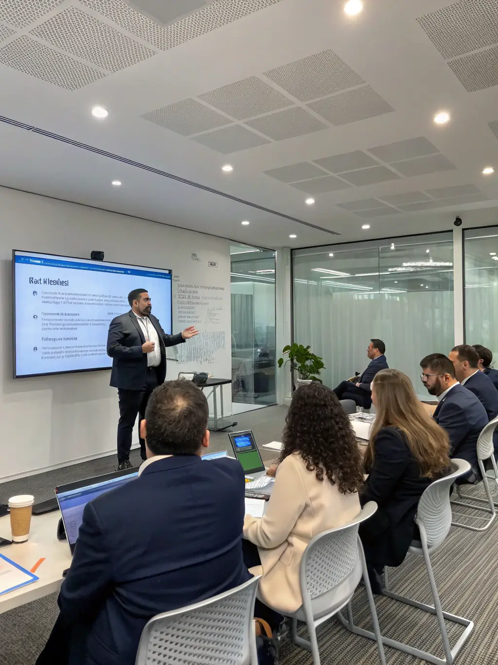 A photo of a coach leading a workshop on data privacy, with participants actively engaged in learning and discussion.