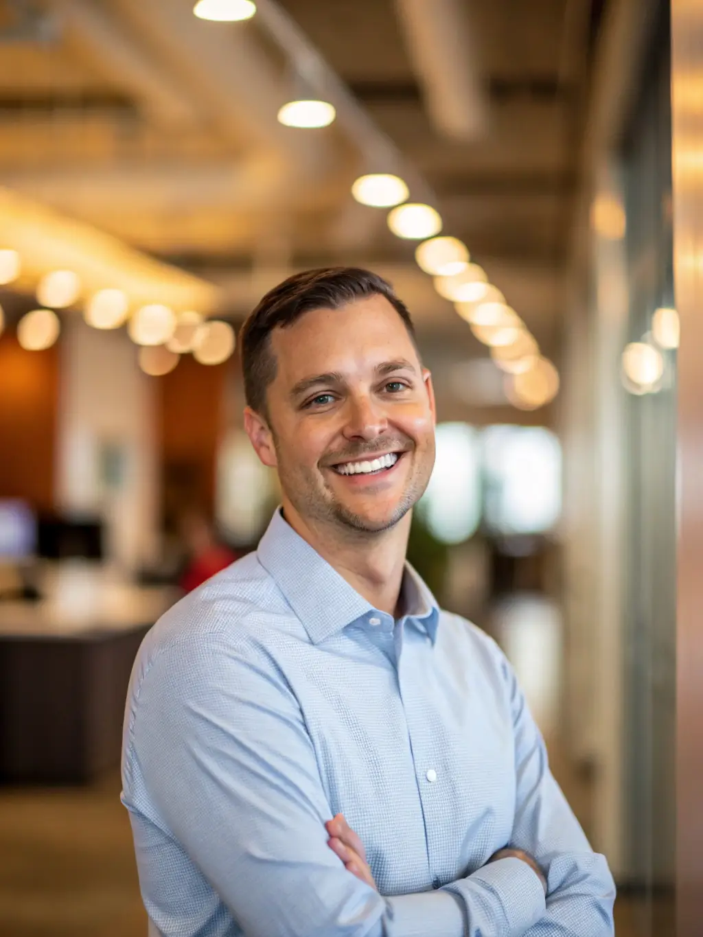 A professional headshot of a business coach, smiling confidently, in a modern office setting, symbolizing expertise and approachability.