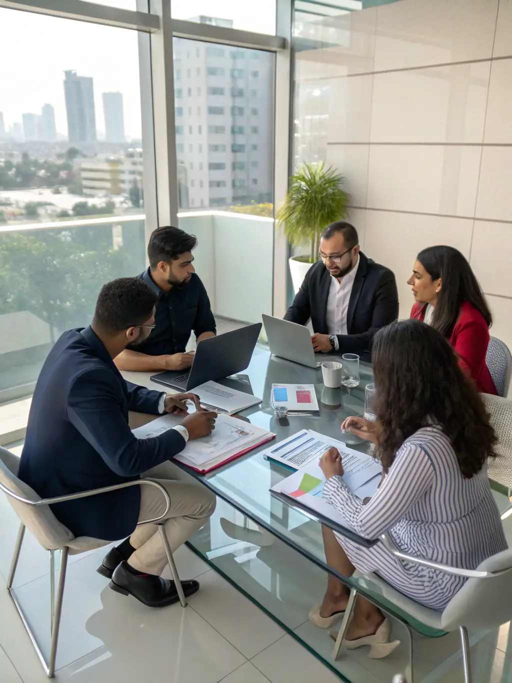 A diverse team of business professionals collaborating around a table, brainstorming ideas and discussing growth strategies with a business coach.